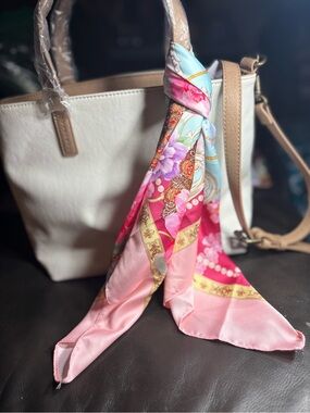 New 23.5” Floral Silk Scarf in Pink and Light Blue Square Twilly